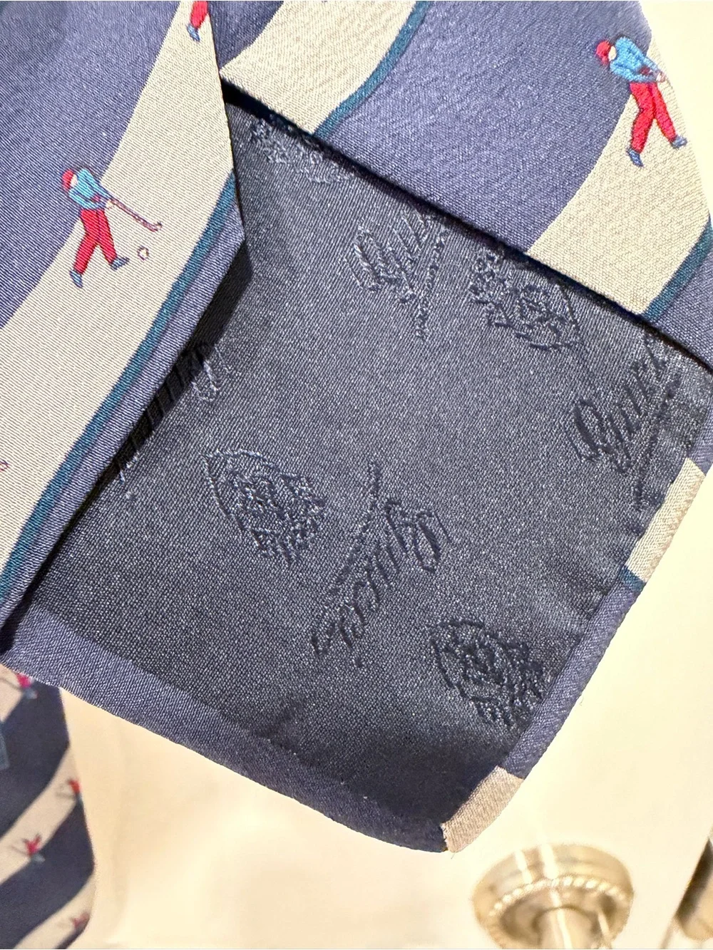 Vintage Gucci Navy Gray Striped Silk Tie featuring novelty Golf Motifs Necktie